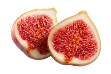 Two halved figs displaying vibrant red interiors on transparent background