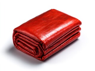 A vibrant red rolled blanket resting on a white surface, showcasing its glossy texture and rich color.