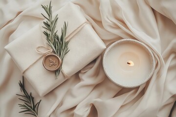 A gift wrapped with sequins and a lovely candle on a bed
