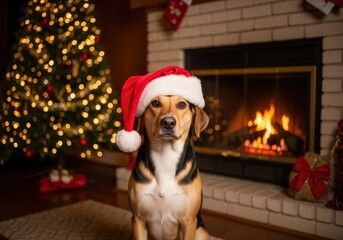 Dog wearing Santa hat sitting by fireplace with Christmas tree