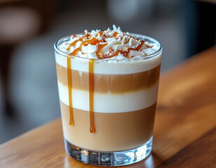 Layered caramel macchiato coffee drink with whipped cream and toppings in a glass on a wooden table.