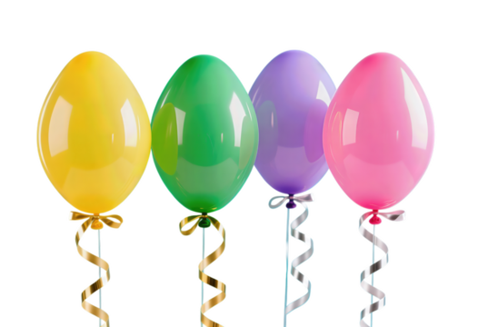 Four colorful Easter egg balloons with ribbons