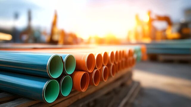 Stacked pipes at construction staging area material inventory infrastructure project supplies various diameters visible construction logistics equipment yard defocused behind