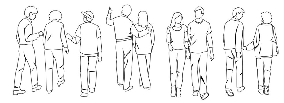 Couples and group of walking  business people, vector silhouettes of men and women, front and back view, profile, hand draw, linear sketch, black and white color, isolated on white background