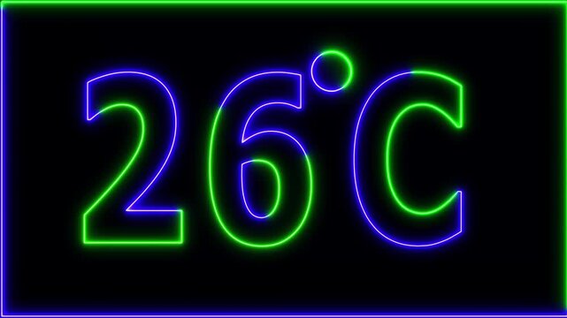 Neon 26&deg;C temperature display showing on black background. Weather temperature displays by degree, climate change, Scientific designs.