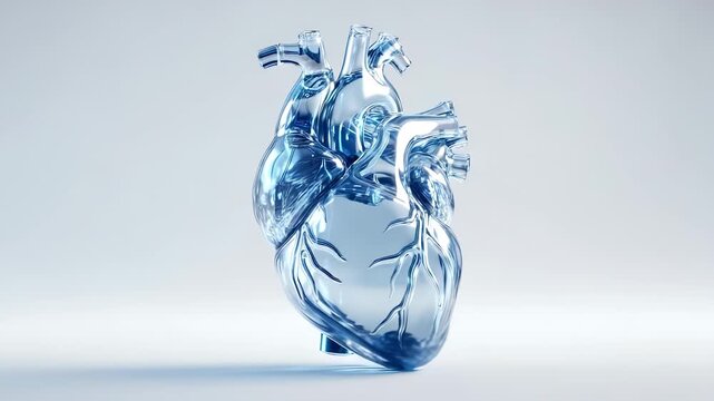 A translucent glass heart sculpture elegantly rests against a clean background, symbolizing compassion. This glass heart art piece captures attention with its detailed anatomical f