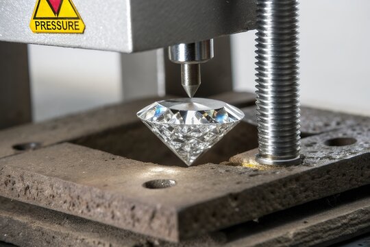Diamond being pressed between metal plates in a testing machine