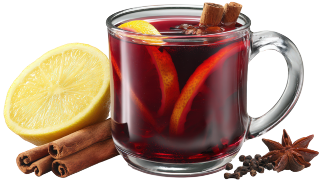 Hot mulled wine in glass mug with lemon, orange, cinnamon sticks and star anise, isolated on transparent background