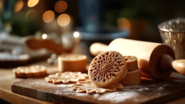 Vintage cookie stamps creating patterns in dough traditional Christmas baking tools Scandinavian style cookies wooden stamps holiday tradition baking surface defocused around