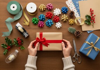 Woman hand wrapping gifts with ribbons, bows and craft paper