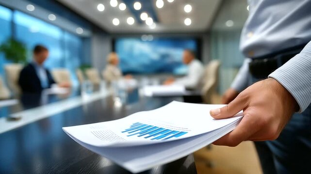 Defocused figure holding a report folder while detailed flawed calculations dominate the foreground, clean minimalist conference room, with copy space