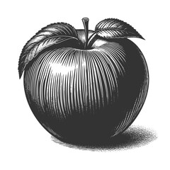 apple surrounded by detailed leaves, drawn in a traditional engraving technique sketch engraving generative ai fictional character vector illustration. Scratch board imitation. Black and white image.