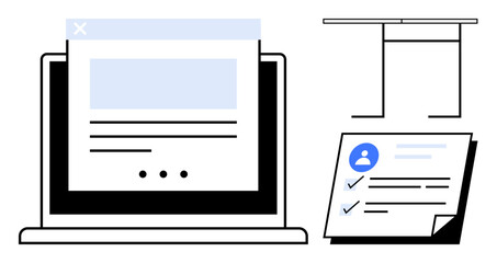 Laptop displaying webpage, document checklist with user avatar, and bar chart framework. Ideal for online surveys, user feedback, data organization, customer experience, analytics, remote work