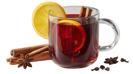 Hot mulled wine in glass mug with lemon, orange, cinnamon sticks and star anise, isolated on transparent background