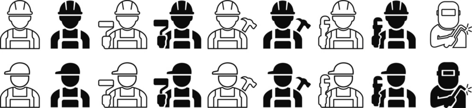 Construction worker icon set builder plumber painter welder engineer maintenance labor character vector pack, black and white and solid professional industry tool avatar symbols for service and repair