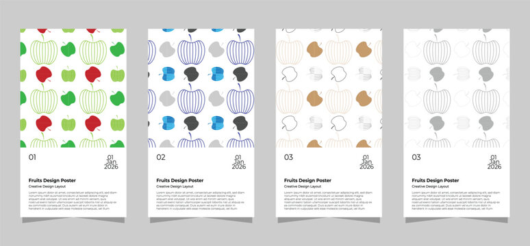 Colorful and minimalist apple pattern designs on white backgrounds