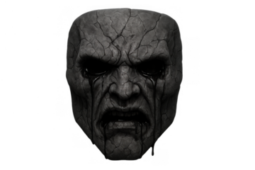 Creepy monster mask from stone with dark tears and cracking skin evoking horror and fear, transparent background