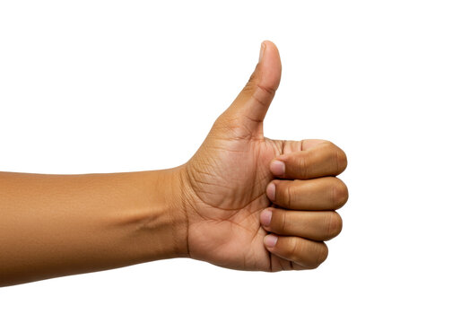 Isolated tanned hand giving a thumbs up gesture of approval, agreement, acceptance, and success