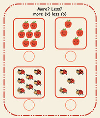 More or Less Worksheet for Kids &ndash; Cute Math Comparison Activity Page Illustration