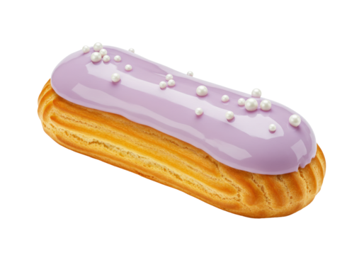 Isolated fresh vanilla éclair with lilac frosting and topping, pastry dessert sweet treat - Powered by Adobe