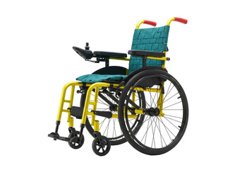 Isolated power wheelchair with joystick controller, yellow frame, green fabric seat and backrest