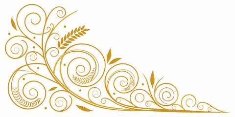 Fototapeta premium Decorative golden floral corner ornament with swirls and wheat ears isolated on white background