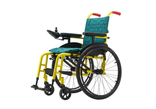 Isolated power wheelchair with joystick controller, yellow frame, green fabric seat and backrest
