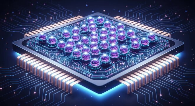 Computer processor with purple spheres and blue circuit board pattern