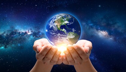 Hands cradling Earth, with a bright light emanating from below, set against a cosmic, starry space backdrop