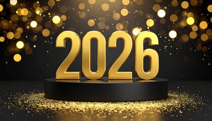 Gold “2026” numerals on black and gold pedestal with scattered particles and glowing bokeh lights.