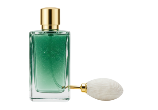 Isolated green glass perfume bottle with gold cap and spray atomizer bulb, no background