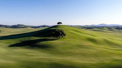 A serene landscape of undulating green hills with two prominent trees casting long shadows, set against a clear blue sky.