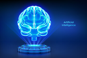 AI. Artificial Intelligence technology concept. Digital brain. Holographic AI brain. Neural network. Holographic platform with glowing rays forming a projection of digital brain. Vector illustration.