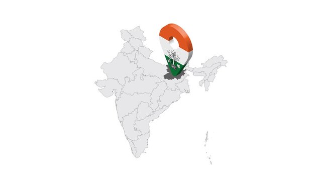 Location Bihar on map India. 3d Bihar emblem map marker location pin. Map of India showing different parts. 4K.  Animated Video
