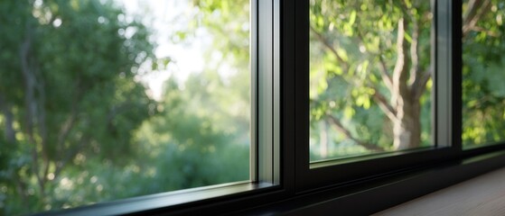 Naklejka premium View through a window with a green blurred background
