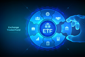 ETF. Exchange traded fund stock market trading investment financial concept. Business Growth. Stock market index fund. Hand places an element into a composition visualizing ETF. Vector illustration.