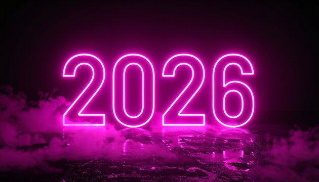 Glowing pink neon “2026” numerals with mist and reflection on dark background, futuristic vibe. - Powered by Adobe