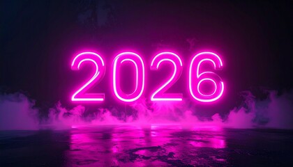 Glowing pink neon “2026” numerals with mist and reflection on dark background, futuristic vibe.