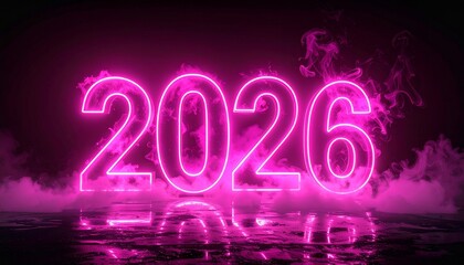 Glowing pink neon “2026” numerals with mist and reflection on dark background, futuristic vibe.