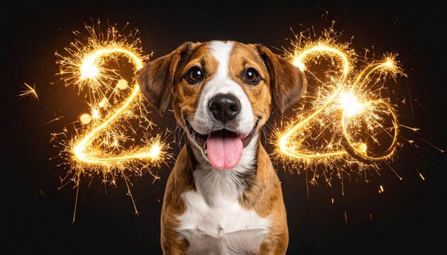 Happy dog with tongue out in front of sparkler “2026” numerals on dark festive background.