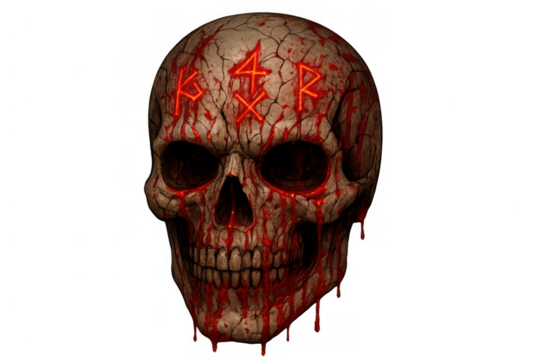 Bloody human skull glowing with ancient runes, representing dark magic, ritual, death, and horror on transparent background