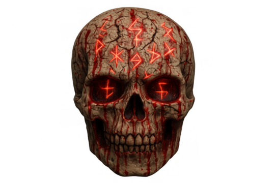 Dark fantasy skull featuring glowing red magic runes and blood dripping, 3d render on transparent background, horror concept