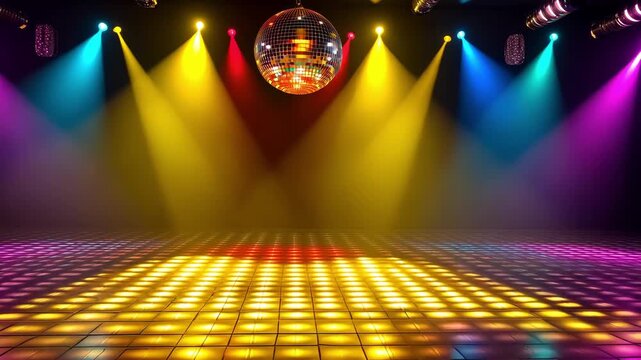A brightly lit dance floor features a disco ball and colorful neon lights illuminating the space for a lively party atmosphere