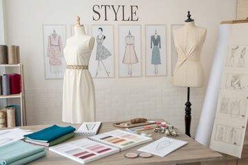Word Style at Fashion designer's studio with mannequins and sketches