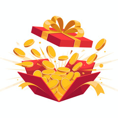 An enchanting red gift box bursts open, revealing a shower of shiny golden coins, symbolizing prosperity, surprises, and the joy of giving during festive moments.