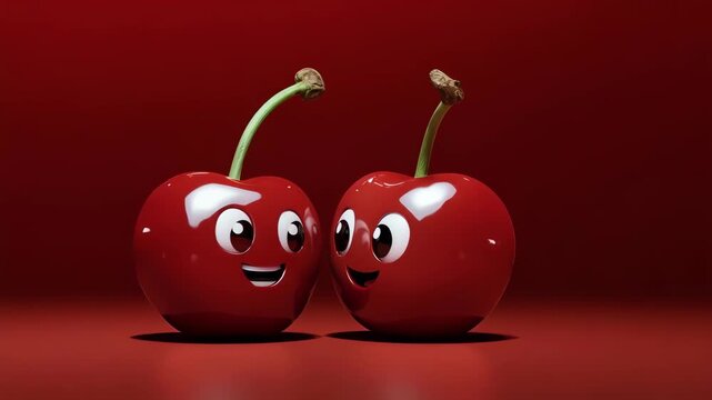 Two smiling cherries with cartoon eyes on a red background