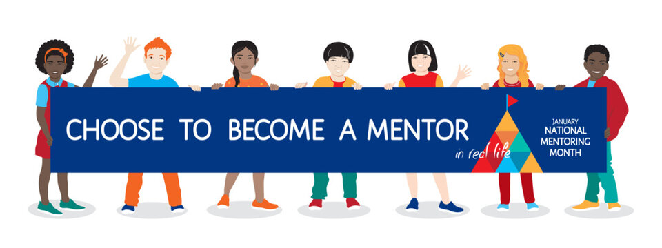National Mentoring Month vector banner, celebrating annual in January in US. Diverse teens holding banner, call to become a mentor for youth. Movement to expand the opportunities for young people