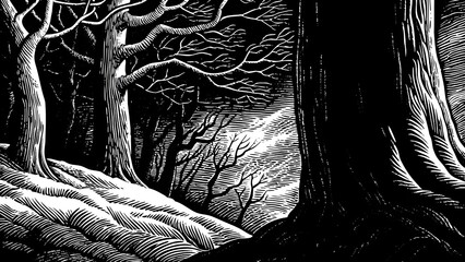 A hyper-detailed engraved mystical forest with ancient trees, carved symbols, swirling mist, intricate line work, ornate borders, elegant black-and-white composition.