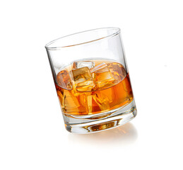 Enjoy smooth golden whiskey on the rocks, perfect for relaxation, celebration, or a sophisticated evening drink in a crystal glass on a white background