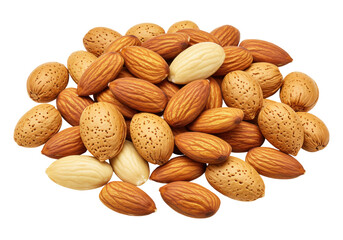 Isolated pile of mixed almonds showing shelled, blanched, and whole, with or without skin